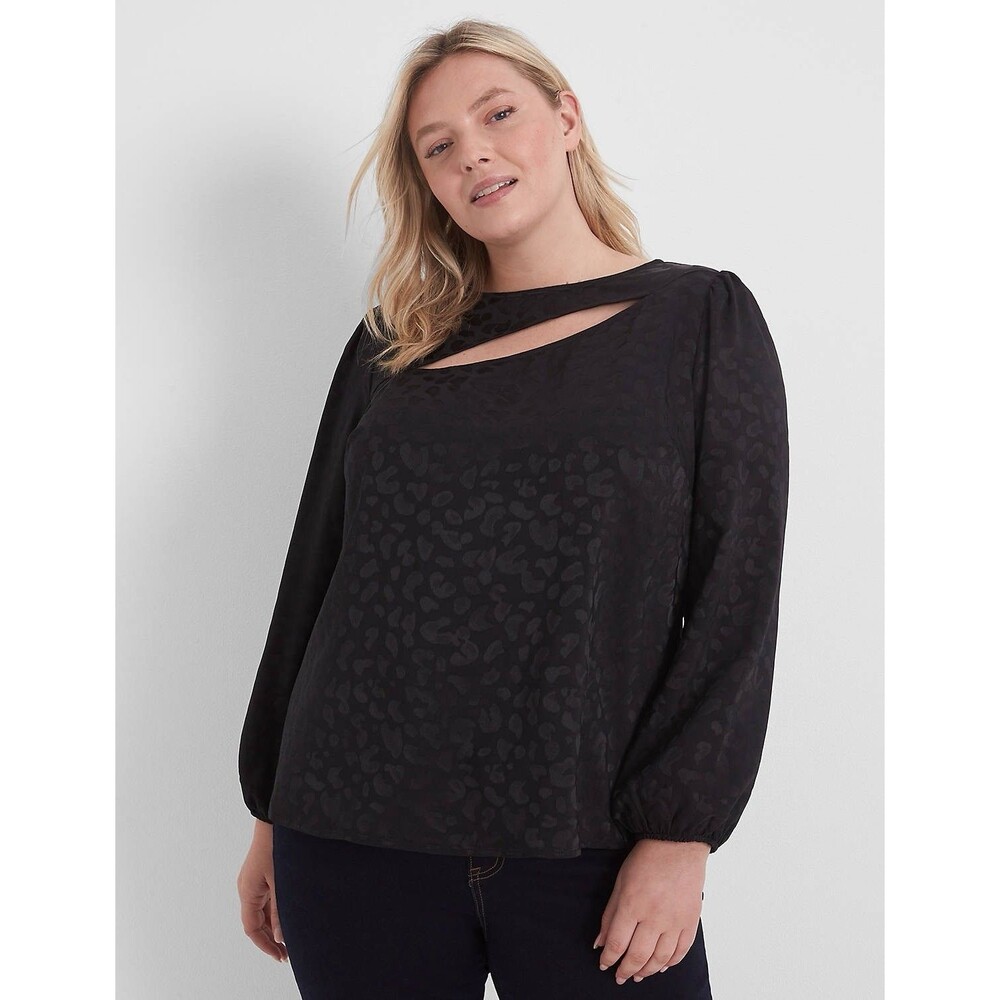 Lane Bryant Long Sleeve Cut Out Crew Neck Blouse Leopard Print Black Size 22 NWT